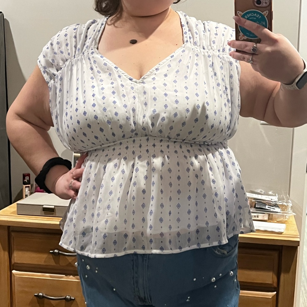 Old Navy White Blouse with Blue Pattern